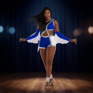 Blue White Majorette and Cheerleading <b>sequin</b> Uniform With <b>Flared</b> Sleeves And Cutout Design For Adults - Product Image 3