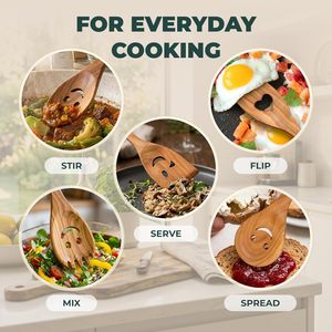 Ensemble de 5 ustensiles de cuisine en bois OEM avec visages souriants amusants, cuillères et spatules multifonctionnelles de qualité alimentaire pour servir et cuisiner, idéal pour un cadeau - Product Image 4
