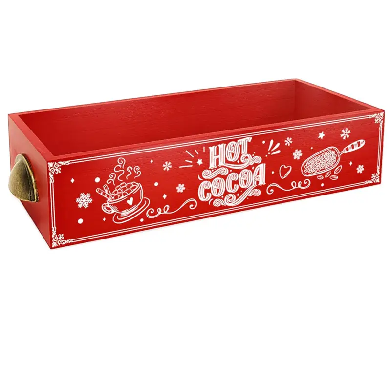Vendita all'ingrosso barra di cioccolata calda personalizzata decorazione natalizia in legno di Natale rosso trogolo graziosa scatola di immagazzinaggio in legno di cacao caldo