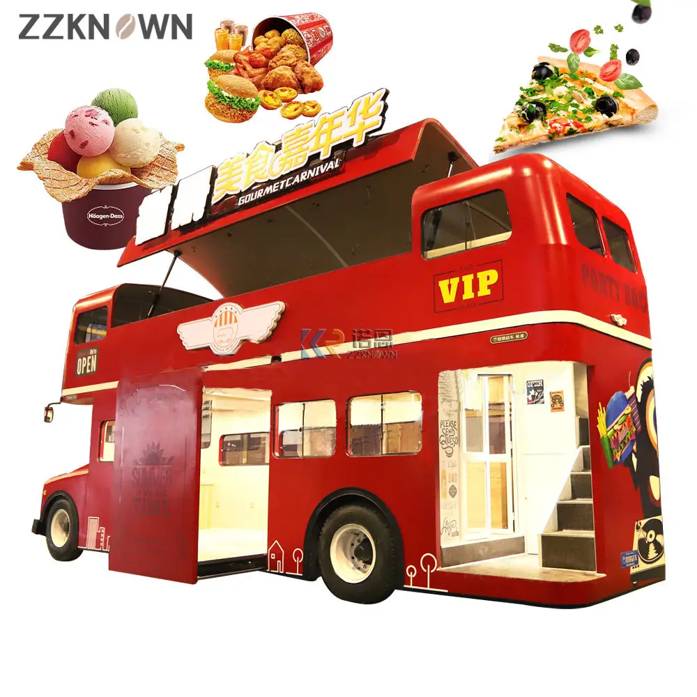 Mobiele Street Food Vending Winkelwagen Factory Supply Vintage Voedsel Trailer Double Layer Food Truck Bus Voor Verkoop