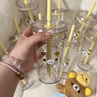 INS Easy Bear Gobelet à paille grande capacité, résistant aux hautes températures, style japonais, dessin animé mignon, couvercle en plastique transparent, jaune