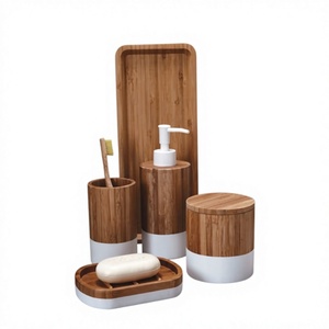 Ensemble d'accessoires de salle de bain en bambou 5 pièces Distributeur de savon Porte-brosse à dents Plateau Écologique - Product Image 1