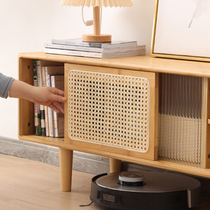 Meuble TV de style japonais 140 cm, design minimaliste, meuble de rangement pour salon avec portes en rotin et en verre - Product Image 4
