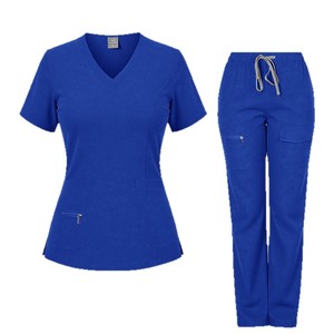 Women V-Neck <b>Scrub</b> Set <b>Blue</b> Two Piece Uniform With Zipper Pockets Moisture Wicking Knitted Fabric Hospital Workwear - Product Image 1