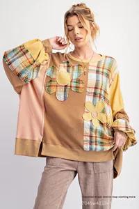 <span class=keywords><strong>Felpa</strong></span> da Donna Casual con Collo Tondo, Motivo Vintage a Quadri e Applicazioni Floreali, Vendita Calda - Product Image 6