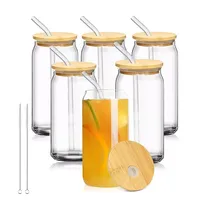 Bocaux Mason avec Couvercle en Bambou et Paille, Tasses en Verre de 16oz ou 24oz pour Thé Glacé, Bière, Café, Jus, Sodas – Idéal pour les Fêtes