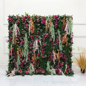 GNW Factory direct sales greenery backdrop decoration for wedding event 3d artificial cerise flowers wall