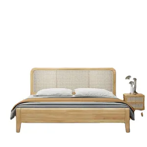 Set di mobili per camera da letto con letto matrimoniale in legno massello bilaterale in Rattan e letto per la colazione