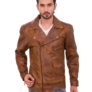 Brown Leather Solid Biker <b>Jacket</b> <b>Men</b> Winter Casual Stand Collar Quilted Sleeve Zip <b>Reversible</b> Windproof Front Logo OEM Custom US - Product Image 1