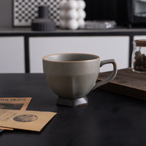 Ceramic Stemmed Coffee Mug Apricot Gray Solid Color With Handle Breakfast Cup - Product Image 1