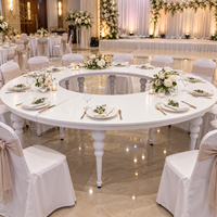 Table ronde blanche avec plateau circulaire, ouverture centrale large, pieds empilables en forme de boule, structure métallique, mobilier d'hôtel, salles de banquet
