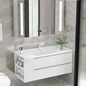 Meuble-lavabo mural de salle de bain au design classique moderne, lavabo en céramique résistant à l'eau, tiroirs à fermeture douce en mélamine, taille personnalisable - Product Image 5