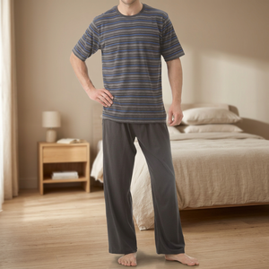 Ensemble de pyjama long en tissu tricoté en jersey teint en fil de coton 100% pour homme-Vêtements de nuit confortables - Product Image 3