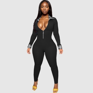 Combinaison moulante à fermeture éclair, col rabattu, couleur unie, mode féminine - Product Image 5