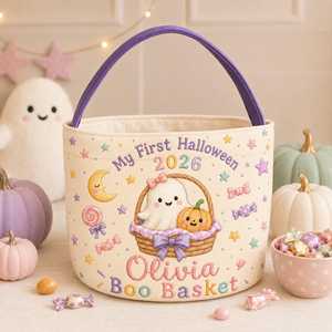 Cesto di Halloween in tessuto rosa con stampa di Halloween, manico a forma di <span class=keywords><strong>zucca</strong></span> e motivo floreale viola - Product Image 4