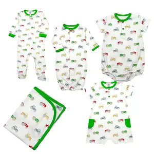 Gran oferta, pijamas con estampado de tractor para bebé, peleles de diseño personalizado de algodón de bambú para niños, vestidos de boutique, ropa de una pieza