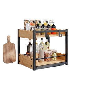 Estante para especias de hierro y madera de 2 niveles, almacenamiento multiusos para organizar la cocina, el baño y el escritorio. - Product Image 5