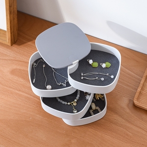 Boîte à bijoux rotative à quatre niveaux en plastique, présentoir à bijoux avec design bicolore et miroir - Product Image 4