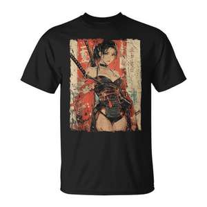T-shirt Manga Ukiyo-e japonais avec motif de guerrier samouraï et de fille Waifu - Product Image 1
