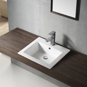 Lavabo de salle de bain en céramique rectangulaire semi-encastré moderne à bord ultra-fin - Product Image 1