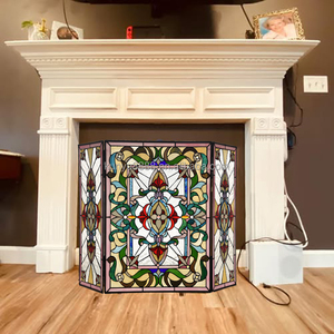 Écran de cheminée en vitrail, 3 panneaux, motif floral, décoration traditionnelle, couleur bleue, forme rectangulaire, décoration artistique, 110*70CM - Product Image 2