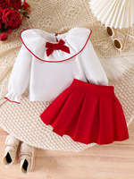 Robe blanche et rouge pour bébés filles, col à grand revers, nœud en velours, manches longues, jupe plissée trapèze, tenue de fête et d'anniversaire pour tout-petits