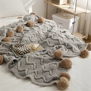 FTS Factory Soft Cable Handmade Pompom Chenille Knitted Bed Couch Throw Blanket