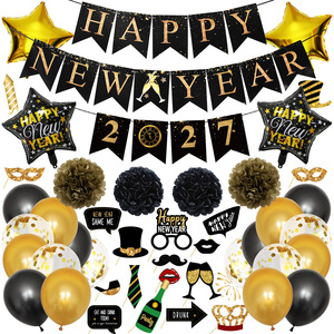 Joyeux Nouvel An 2027 – Ballons de fête d'<span class=keywords><strong>anniversaire</strong></span> 12 pouces, Pompons en papier et spirales en latex imprimés or et noir – Décoration de réveillon de Noël - Product Image 1