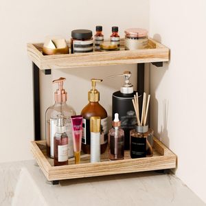 Double Layer Wooden Iron Storage Rack 50X30CM Durable Freestanding Bathroom Shelf For Cosmetics Toiletries Organization - Product Image 1