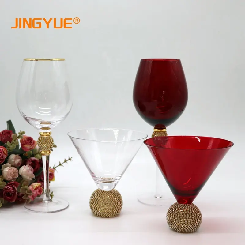 Luxury Glassware And Stemware Modern Rhinestone Golden Rimmed Diamond Studded Long Stem Crystal Clear Red Wine Glass