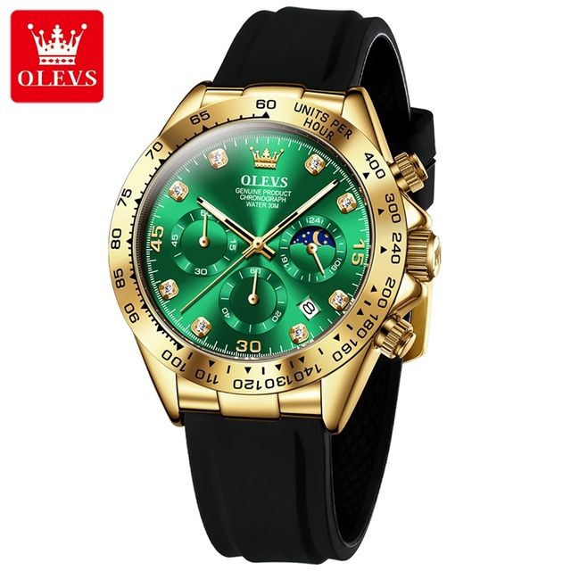 OLEVS 2875 Quartz Watches Men Wrist Luxury Multi-function Silicone Strap Blue Leather Waterproof Chronograph Clock Watch