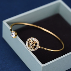 กำไลข้อมือทองชุบรูปต้นไม้แห่งชีวิตประดับเพชรซิร์คอนทรงกลมแบบเปิด ดีไซน์เก๋สำหรับผู้หญิง - Product Image 3