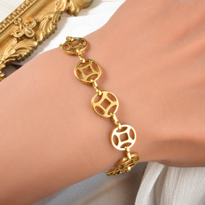 Pulsera de Lujo Ligero con Eslabones de Moneda China Chapada en Oro de 18K, de Acero Inoxidable, Impermeable, Regalo de la Suerte para Mujer - Product Image 2