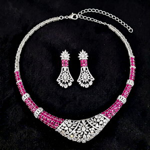 09484 Collar de rubí rosa de diseño con pendientes chapados en rodio, piedra de circonita cúbica, conjunto nupcial moderno de circonita cúbica, moda para bodas - Product Image 1