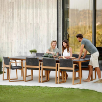Ensemble de salle à manger d'extérieur en rotin et bois massif, 1 table, 6 chaises, petite table d'appoint, mobilier de loisirs pour villa, jardin, hôtel, balcon, extérieur