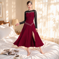 Robe de danse de salon bordeaux pour femme, robe de compétition et d'entraînement, en spandex, polyester, strass, sans manches, maille, adulte