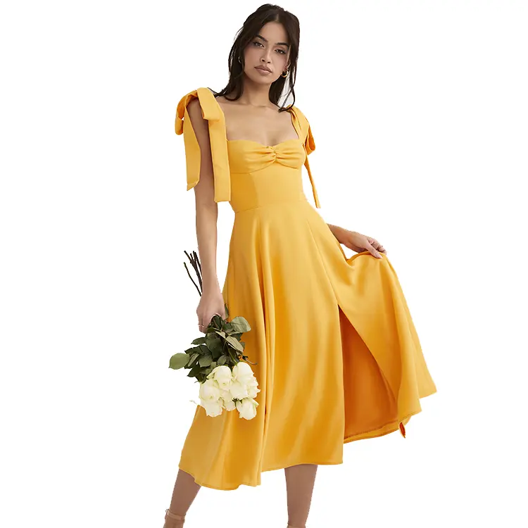 Custom a-line plain lace up simple sleeveless chiffon classy sun dress midi pleated yellow elegengt summer womens casual dress