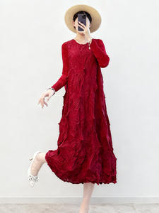 Elegant Solid Color High-End Pleated Women's Midi <b>Dress</b> Washable Loose Fit A-Line Silhouette Credible Supplier Available Online - Product Image 5