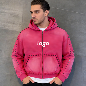 Chaqueta con capucha para hombre, estilo holgado y corto, con bordado, lavado ácido rosa, efecto desgastado por el sol, con diamantes y cremallera de pedrería - Product Image 1