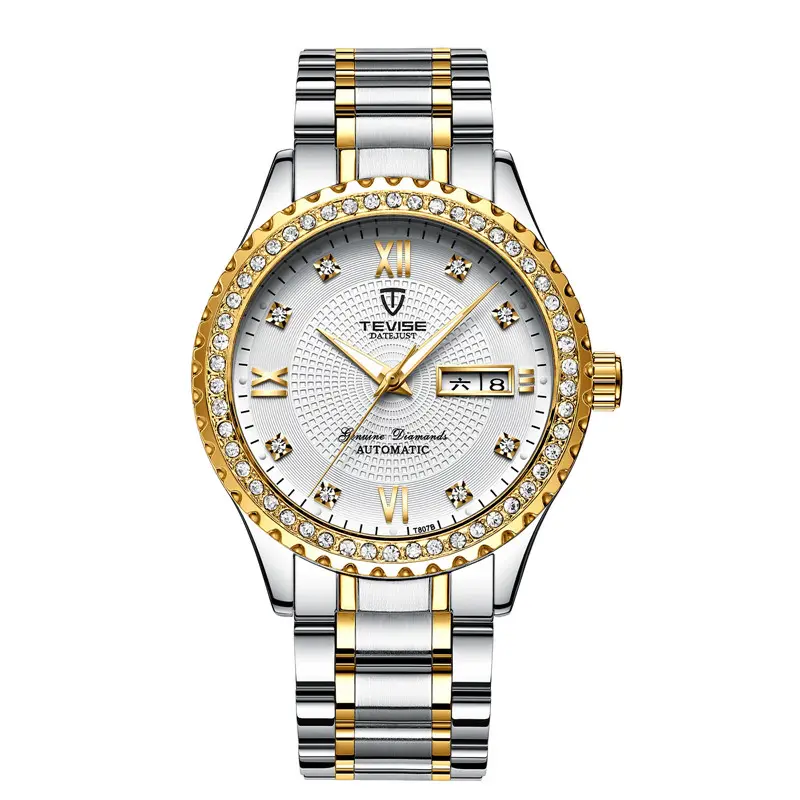 TEVISE Brand Men's Automatic Mechanical Watch Multi-luxury Diamond Dial Luminous Pointer Calendar Week Fashion Men's Wrist Watch