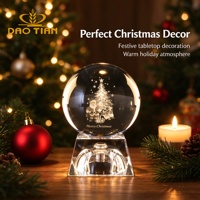 Boule de cristal personnalisée pour arbre de Noël, sphère gravée au laser avec base, nom et date personnalisés, souvenir de vacances, boîte cadeau, vente en gros