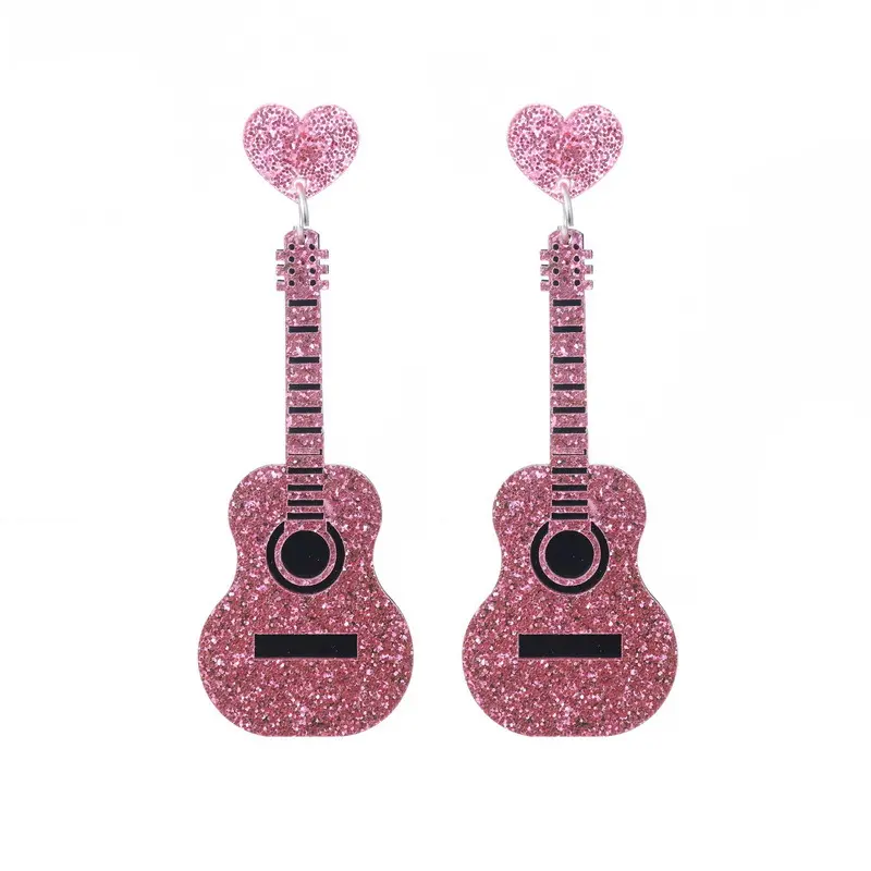 Perhiasan Festival musik wanita anak Perempuan diskon besar-besaran anting gitar gaya Retro Renaissance anting-anting Glitter akrilik merah muda klasik