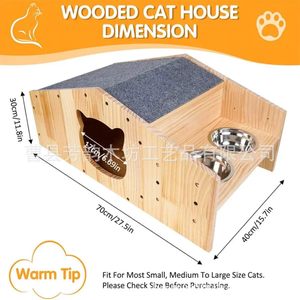 Casa para gatos de madera maciza con estación de alimentación y tapete rascador para gatos pequeños, forma rectangular, muebles multifuncionales para mascotas - Product Image 5