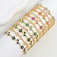 Vente en gros : Bracelet en cuivre élégant et luxueux avec des feuilles serties de diamants colorés et des fleurs à cinq pétales