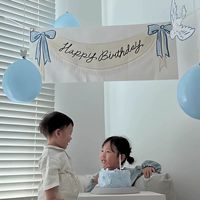 Hiasan Dinding Latar Belakang Foto Kain Gantung Ulang Tahun Bayi Satu Tahun, Bendera Pita Biru dan Pink Sederhana dan Segar ala Korea