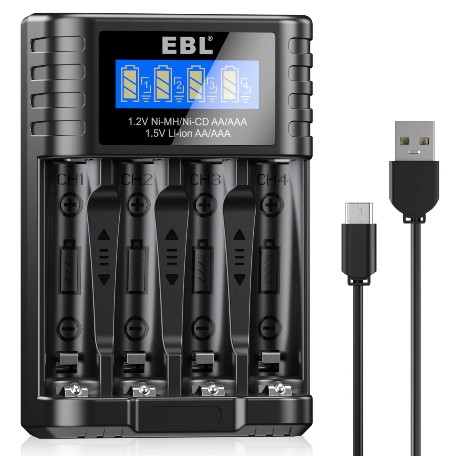 Chargeur de charge rapide intelligent portable 1.5V 1.2V Li-ion/Ni-MH/Ni-CD piles AA AAA rechargeables au lithium Type-C