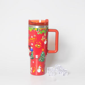 Mug de voyage isotherme en acier inoxydable avec poignée et paille, imprimé rouge et vert de Noël personnalisé, 40 oz - Product Image 1