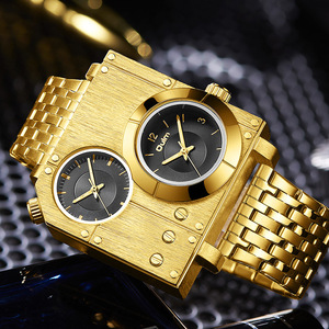 Reloj de Hombre Oulm Rectangular Personalizado con Esfera Grande, Doble Zona Horaria, Correa de Acero Inoxidable, Cuarzo Dorado - Product Image 1