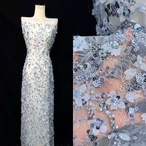 Tissu de broderie en dentelle de guipure avec des paillettes, des perles, du chiffon, des fleurs 3D, Aso Ebi pour mariage africain - Product Image 1