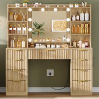 Miroir de coiffeuse moderne en bois massif cannelé de 47,2 po avec lumières LED réglables, 7 tiroirs, plateau en verre, station de charge, finition chêne naturel